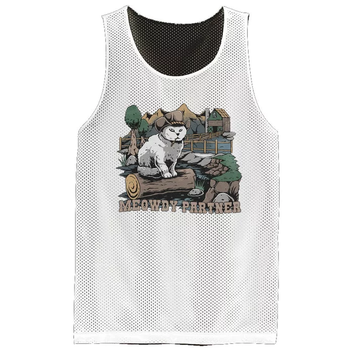 Funny Meowdy Partner Christmas Gift For Cat Lovers Cowboy Cat Dad Gift Idea Cat Mesh Reversible Basketball Jersey Tank