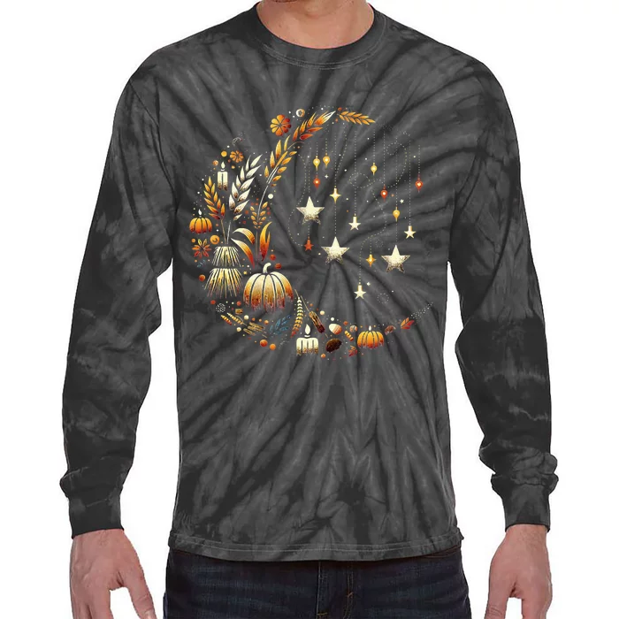 Fall Moon Pumpkins Stars Thanksgiving Harvest Doodles Tie-Dye Long Sleeve Shirt