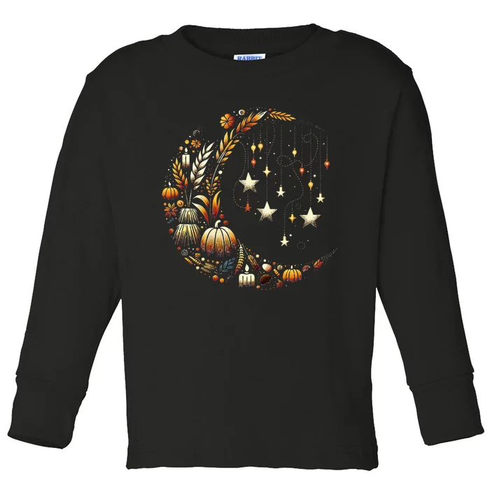 Fall Moon Pumpkins Stars Thanksgiving Harvest Doodles Toddler Long Sleeve Shirt