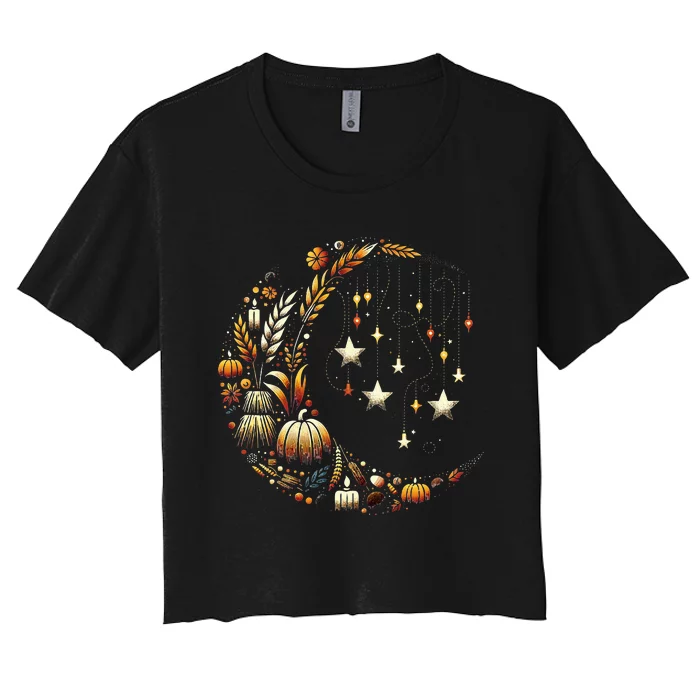 Fall Moon Pumpkins Stars Thanksgiving Harvest Doodles Women's Crop Top Tee