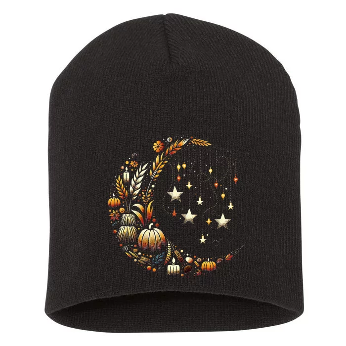 Fall Moon Pumpkins Stars Thanksgiving Harvest Doodles Short Acrylic Beanie