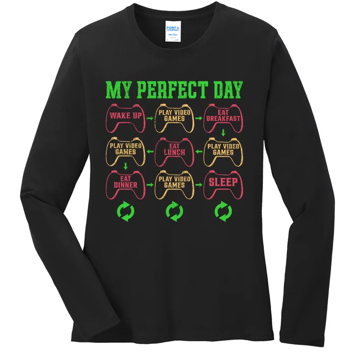 Funny My Perfect Day Wake Up Play Video Games Ladies Long Sleeve Shirt