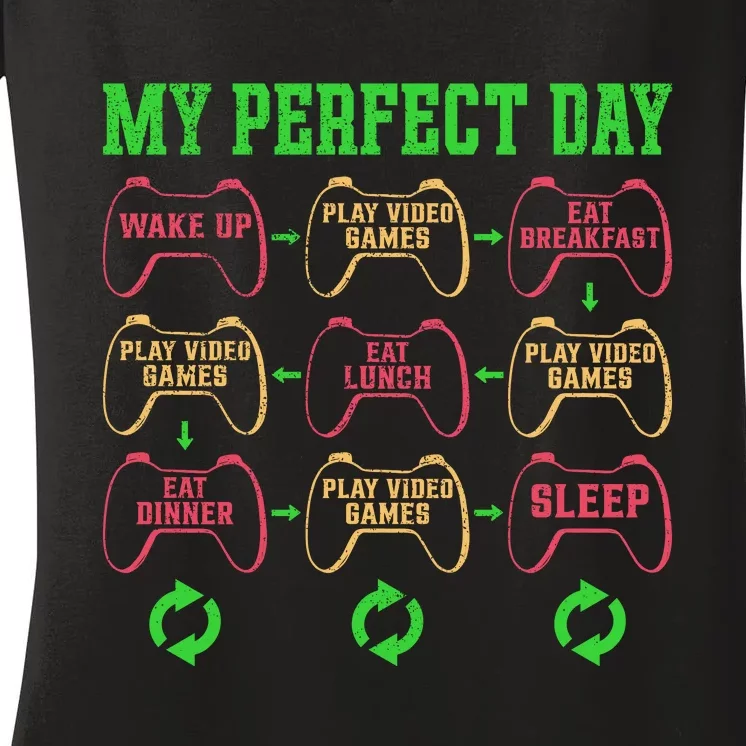 Funny My Perfect Day Wake Up Play Video Games Women's V-Neck T-Shirt