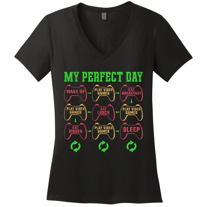 Funny My Perfect Day Wake Up Play Video Games Women's V-Neck T-Shirt