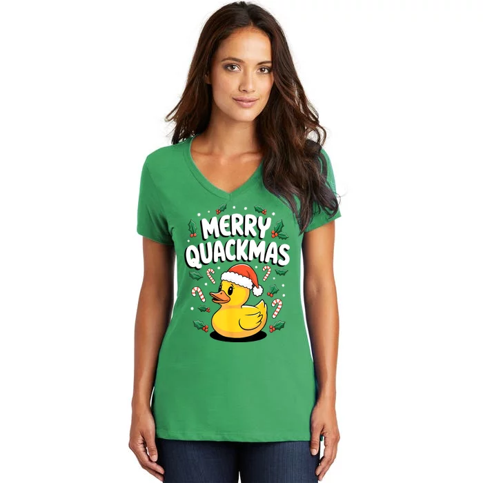 Funny Merry Quackmas Christmas Rubber Cute Duck Gift Women's V-Neck T-Shirt