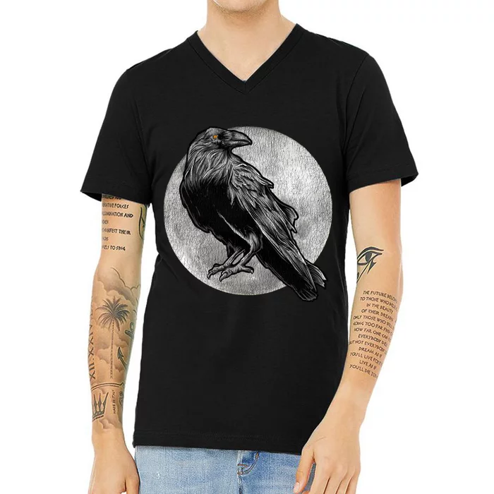 Full Moon Raven Bird Gift Scary Crow V-Neck T-Shirt