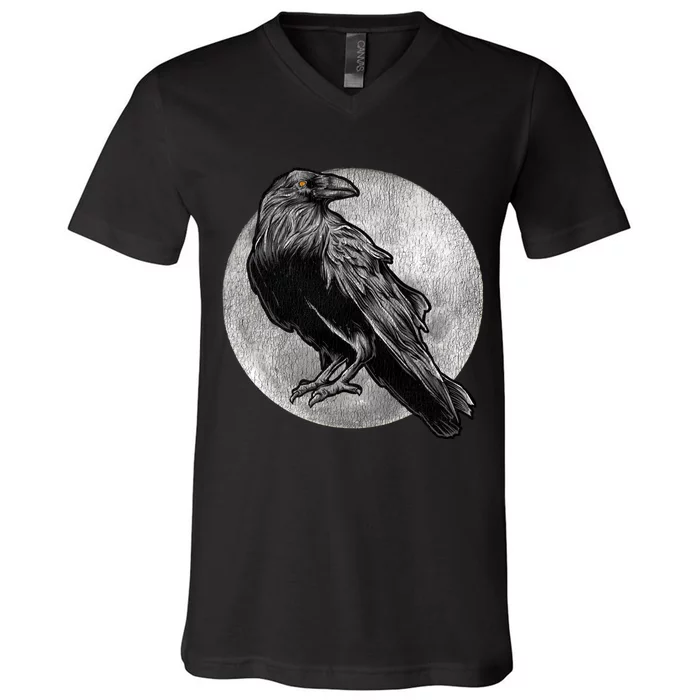 Full Moon Raven Bird Gift Scary Crow V-Neck T-Shirt