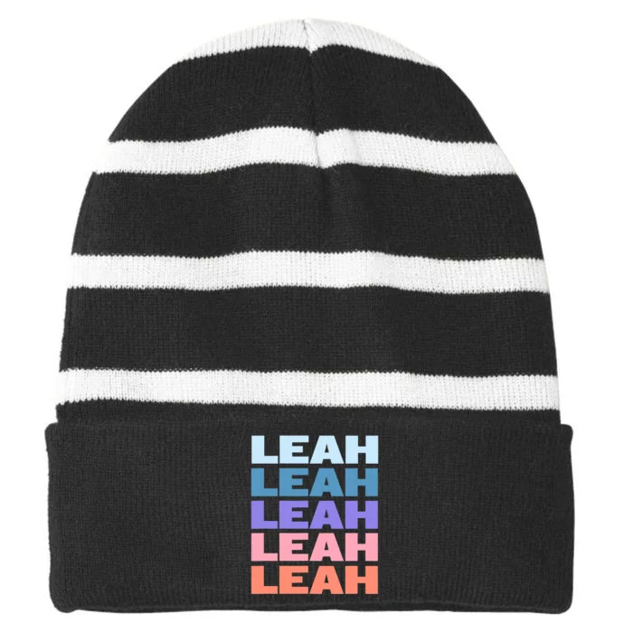 Funny Modern Repeated Text Design Leah Striped Beanie with Solid Band