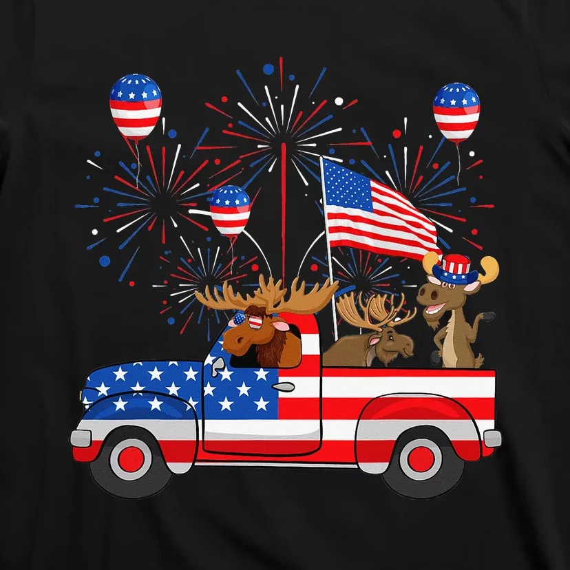 Funny Moose Riding Red Truck USA Flag Patriotic 4th Of July T-Shirt