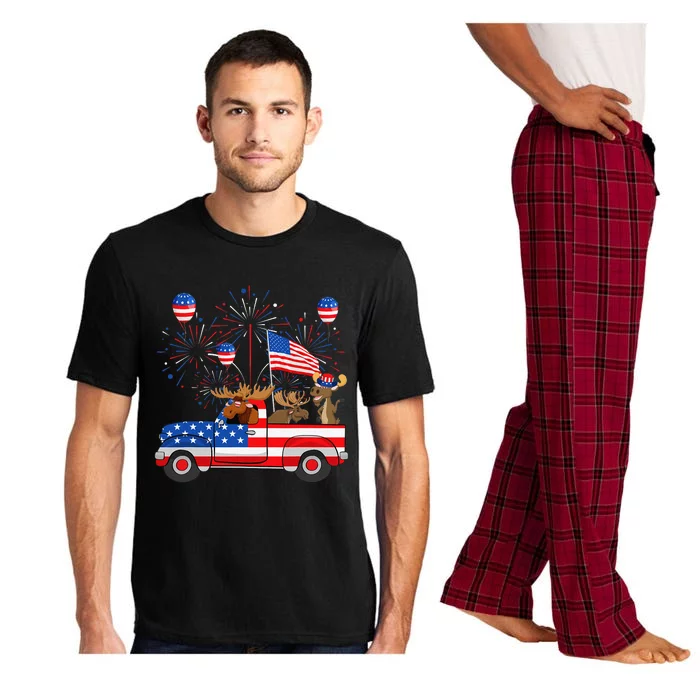 Funny Moose Riding Red Truck USA Flag Patriotic 4th Of July Pajama Set