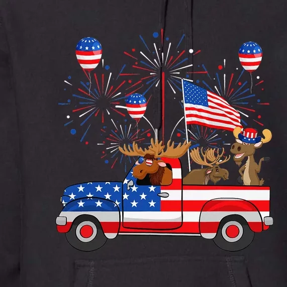 Funny Moose Riding Red Truck USA Flag Patriotic 4th Of July Premium Hoodie