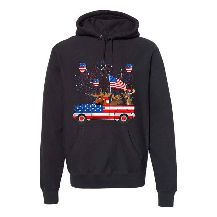 Funny Moose Riding Red Truck USA Flag Patriotic 4th Of July Premium Hoodie