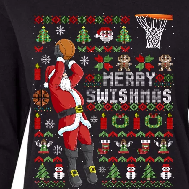 Funny Merry Swishmas Ugly Christmas Basketball Christmas Gift Womens Cotton Relaxed Long Sleeve T-Shirt