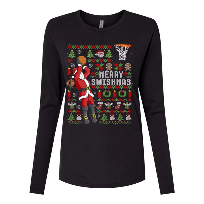 Funny Merry Swishmas Ugly Christmas Basketball Christmas Gift Womens Cotton Relaxed Long Sleeve T-Shirt