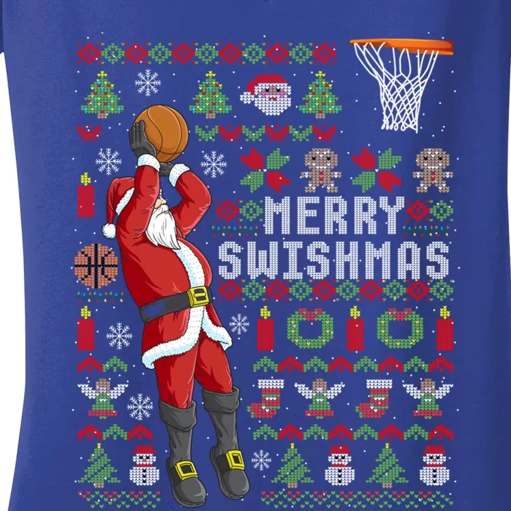 Funny Merry Swishmas Ugly Christmas Basketball Christmas Gift Women's V-Neck T-Shirt