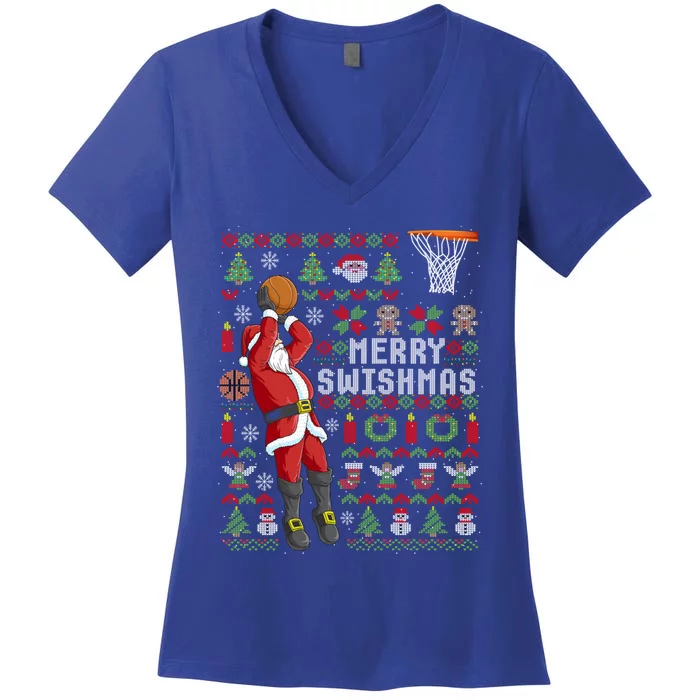 Funny Merry Swishmas Ugly Christmas Basketball Christmas Gift Women's V-Neck T-Shirt