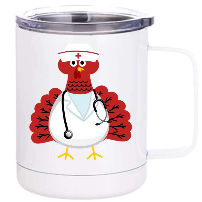 Funny Medical Scrub Top Stethoscope Wearing Turkey Nurse Gift Front & Back 12oz Stainless Steel Tumbler Cup