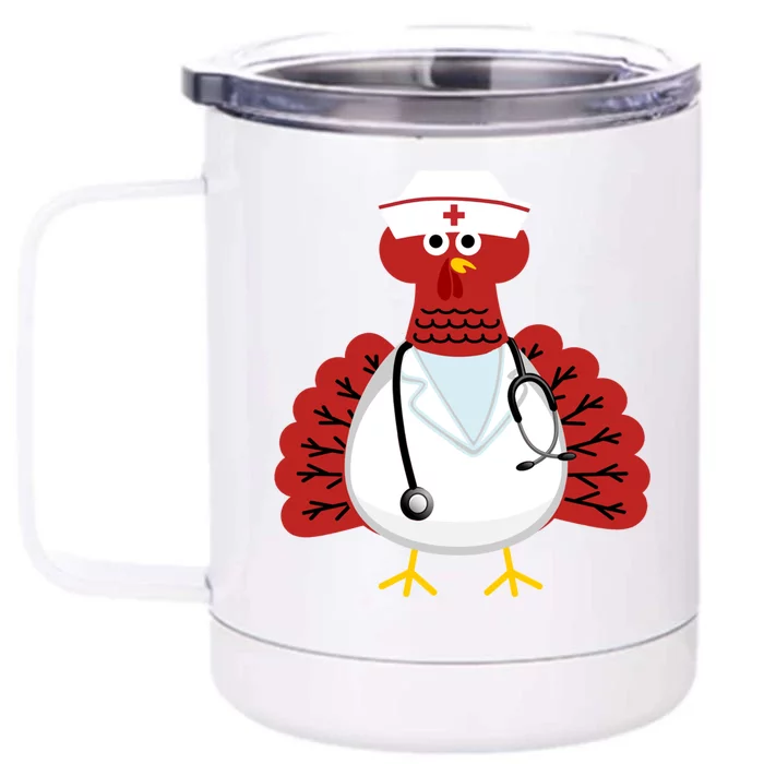 Funny Medical Scrub Top Stethoscope Wearing Turkey Nurse Gift Front & Back 12oz Stainless Steel Tumbler Cup