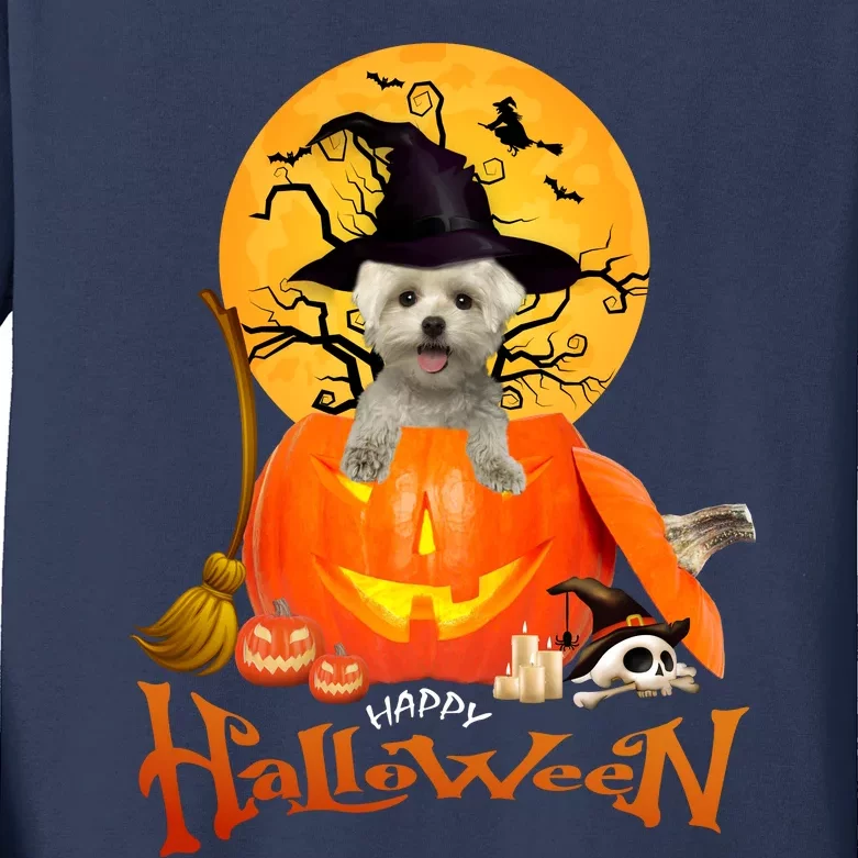 Funny Maltese Spooky Halloween Kids Long Sleeve Shirt