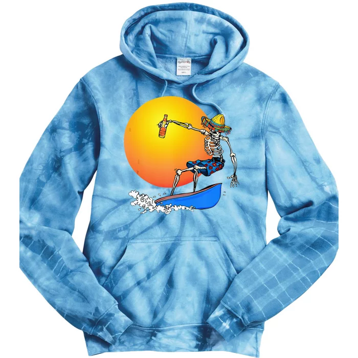 Funny Mexican Surfing Skeleton Drinking Beer Cinco De Mayo Tie Dye Hoodie