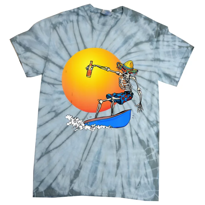 Funny Mexican Surfing Skeleton Drinking Beer Cinco De Mayo Tie-Dye T-Shirt