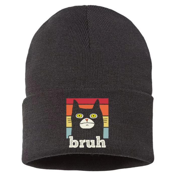 Funny Meme Saying Bruh With Cat Greetings Sustainable Knit Beanie