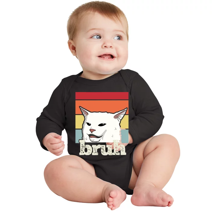 Funny Meme Saying Bruh With Cat Greetings Baby Long Sleeve Bodysuit