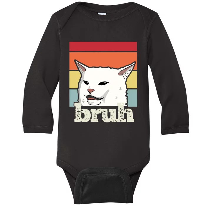 Funny Meme Saying Bruh With Cat Greetings Baby Long Sleeve Bodysuit