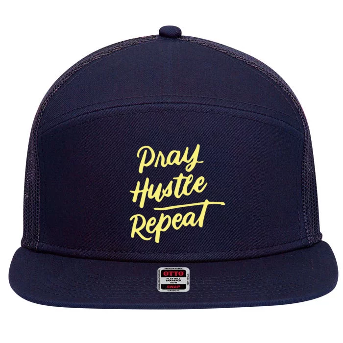 Faith Motivational Spiritual Funny Gift Pray Hustle Repeat Cool Gift 7 Panel Mesh Trucker Snapback Hat