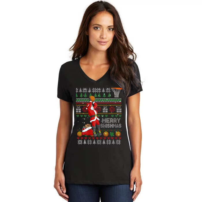 Funny Merry Swishmas Christmas Santa Playing Basketball Women's V-Neck T-Shirt