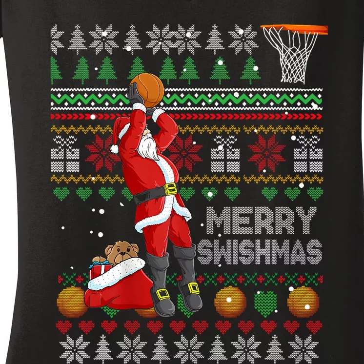 Funny Merry Swishmas Christmas Santa Playing Basketball Women's V-Neck T-Shirt