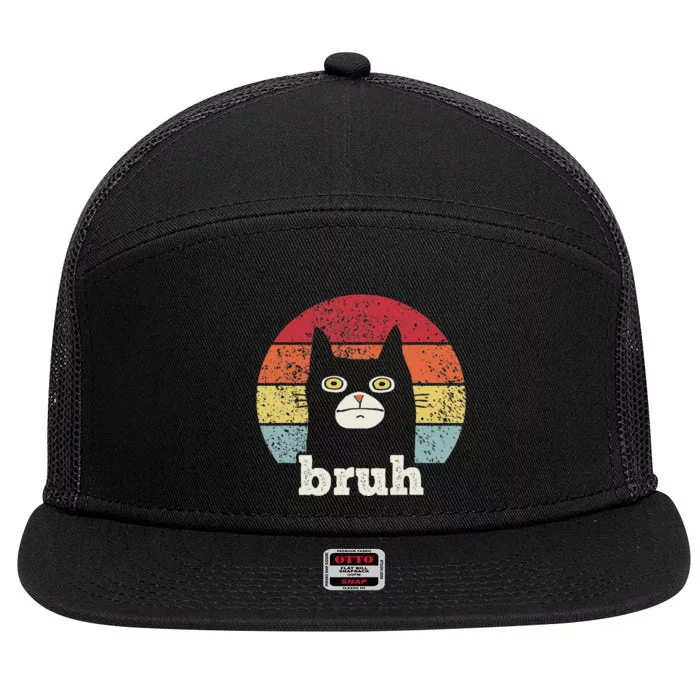 Funny Meme saying Bruh with Cat Greetings Teens 7 Panel Mesh Trucker Snapback Hat