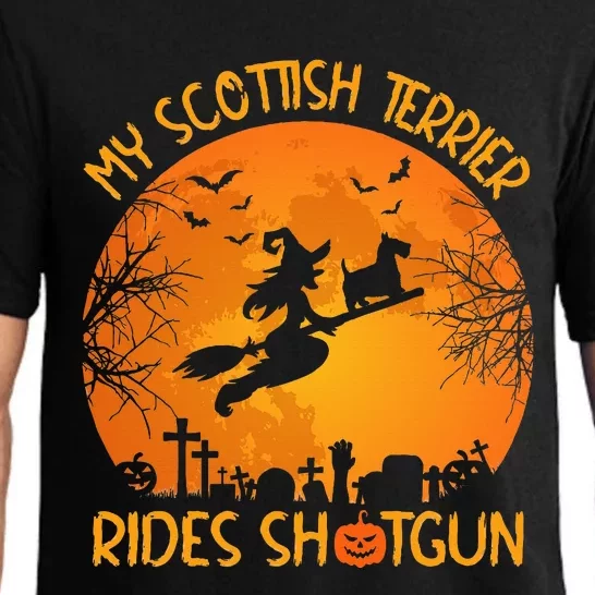 Funny My Scottish Terrier Rides Shotgun Witch Halloween Pajama Set