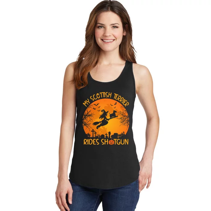 Funny My Scottish Terrier Rides Shotgun Witch Halloween Ladies Essential Tank