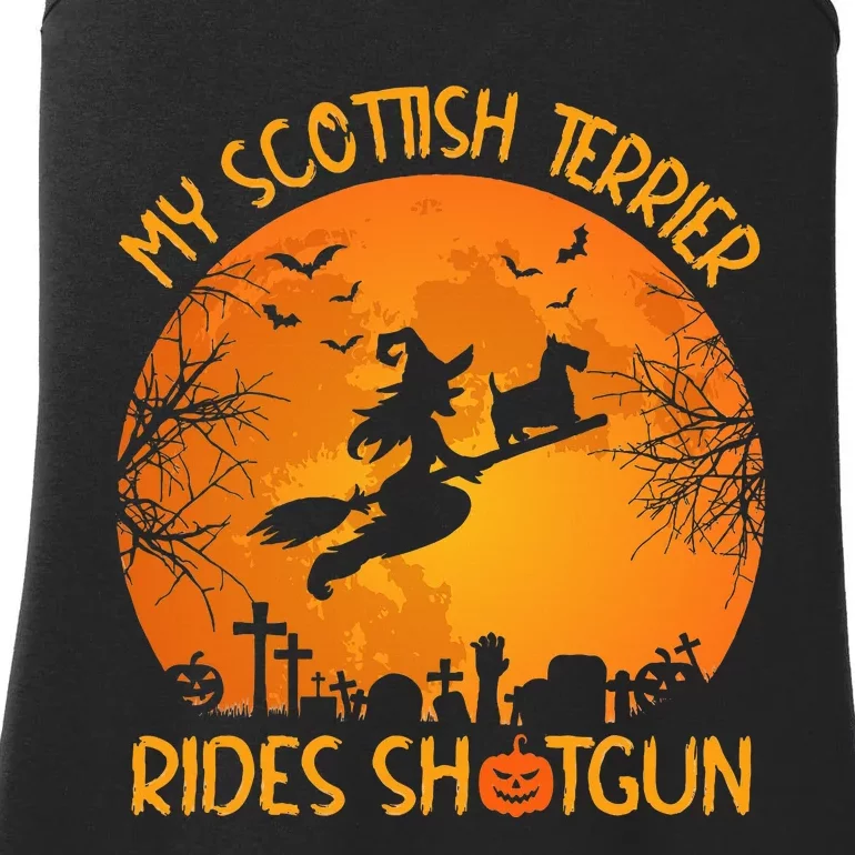 Funny My Scottish Terrier Rides Shotgun Witch Halloween Ladies Essential Tank