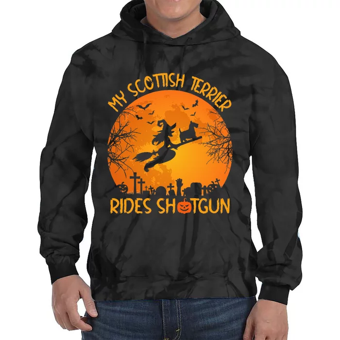 Funny My Scottish Terrier Rides Shotgun Witch Halloween Tie Dye Hoodie