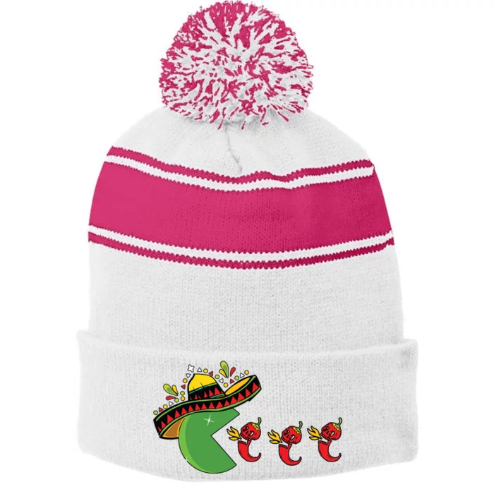 Fun Mexican Sombrero Eating Hot Pepper Skulls Cinco De Mayo Stripe Pom Pom Beanie