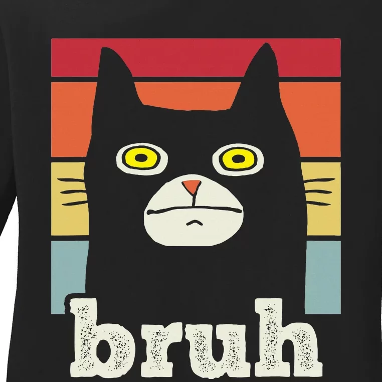 Funny Meme Saying Bruh With Cat Greetings Teens Ladies Long Sleeve Shirt