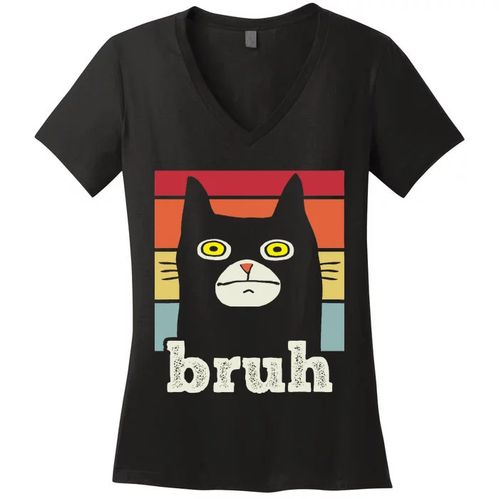 Funny Meme Saying Bruh With Cat Greetings Teens Women's V-Neck T-Shirt