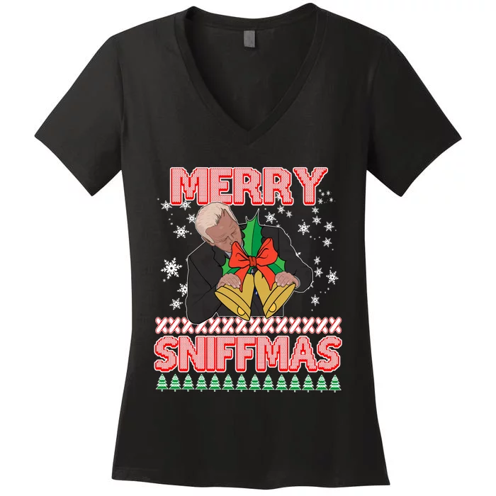 Funny Merry Sniffmas Xmas Anti Biden Ugly Christmas Women's V-Neck T-Shirt