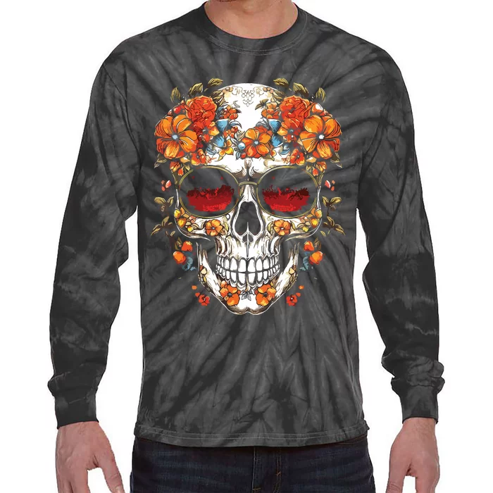 Floral Mexican Skull Day Of The Dead Dia De Muertos Tie-Dye Long Sleeve Shirt