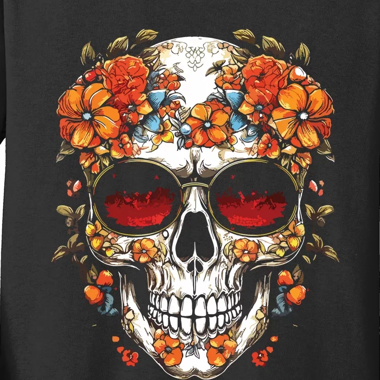 Floral Mexican Skull Day Of The Dead Dia De Muertos Kids Long Sleeve Shirt