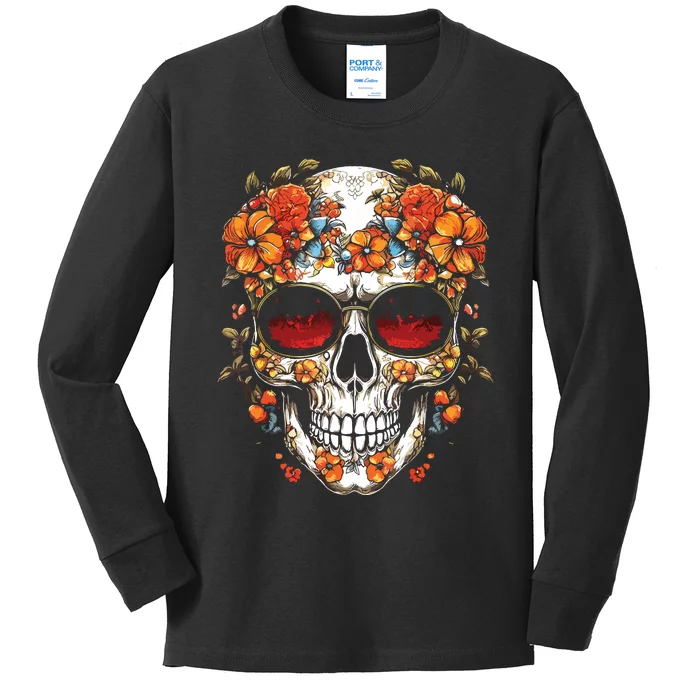 Floral Mexican Skull Day Of The Dead Dia De Muertos Kids Long Sleeve Shirt