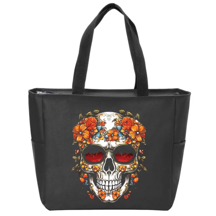 Floral Mexican Skull Day Of The Dead Dia De Muertos Zip Tote Bag