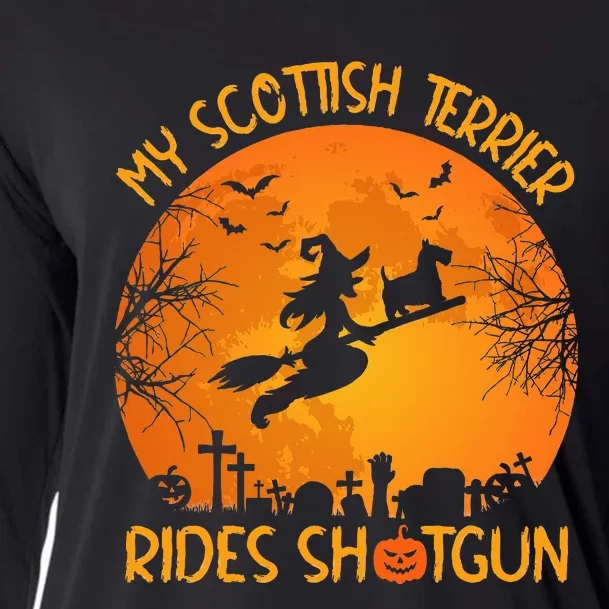 Funny My Scottish Terrier Rides Shotgun Witch Halloween Cooling Performance Long Sleeve Crew