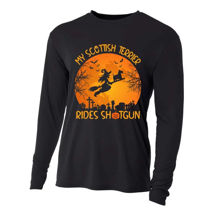 Funny My Scottish Terrier Rides Shotgun Witch Halloween Cooling Performance Long Sleeve Crew