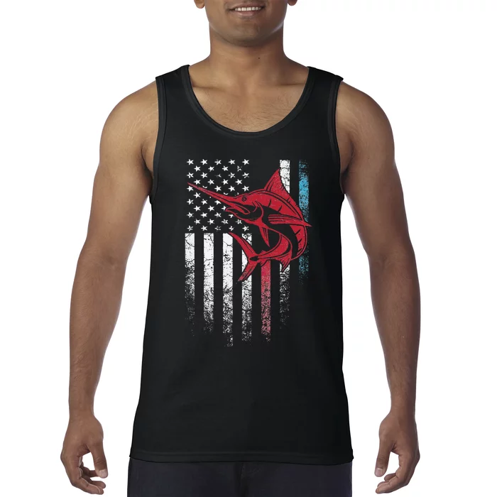 Fishing Marlin Swordfish Fish 4th of July American Flag USA Tank Top