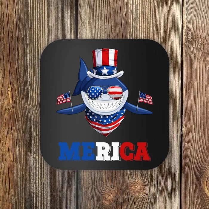 Funny Merica Shark American Flag Indepedence Day July 4th Coaster