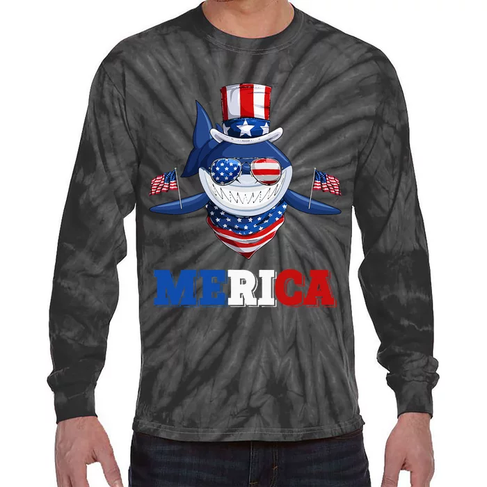 Funny Merica Shark American Flag Indepedence Day July 4th Tie-Dye Long Sleeve Shirt