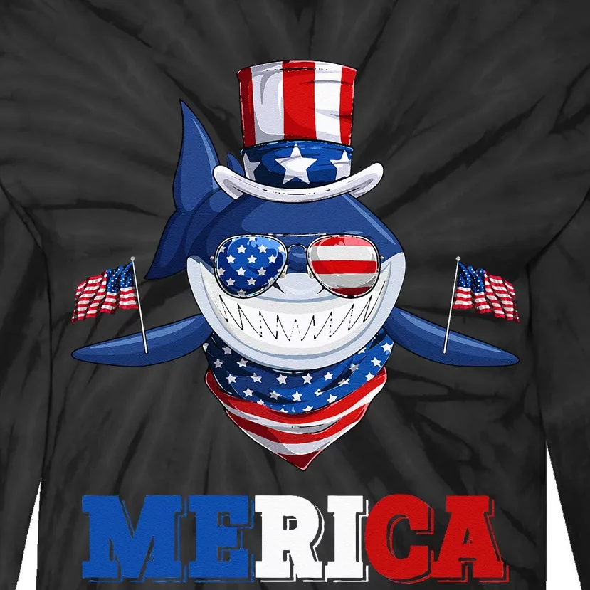 Funny Merica Shark American Flag Indepedence Day July 4th Tie-Dye Long Sleeve Shirt